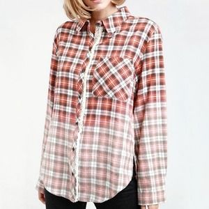 POL Orange Plaid Ombre Flannel Shirt Crochet Detail Size Small Women's